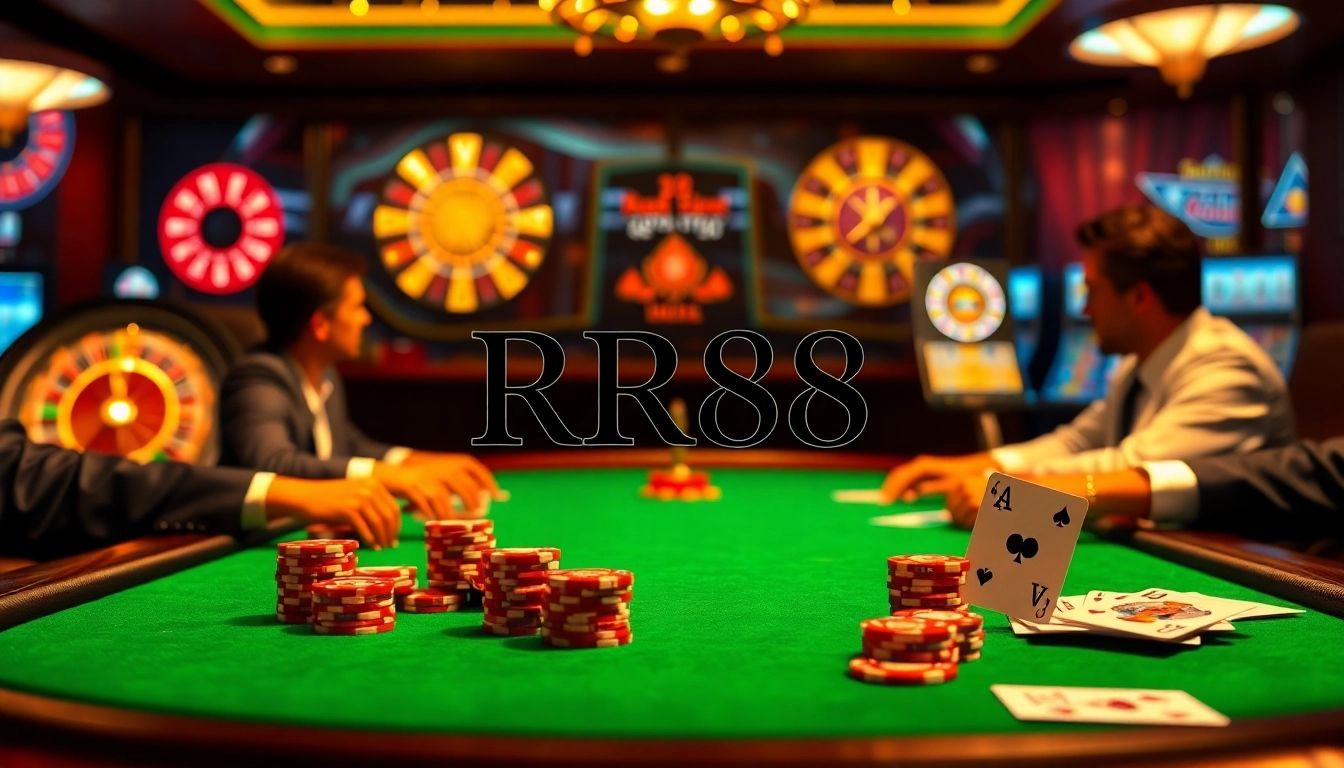Exciting poker game at RR88 casino highlighting vibrant chips and cards.