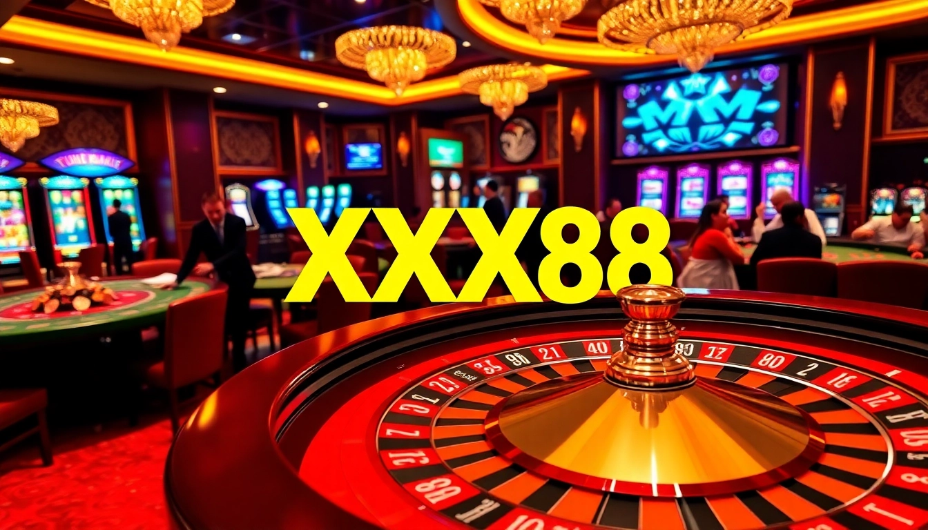 Experience excitement at XX88 casino with poker chips and roulette wheel.