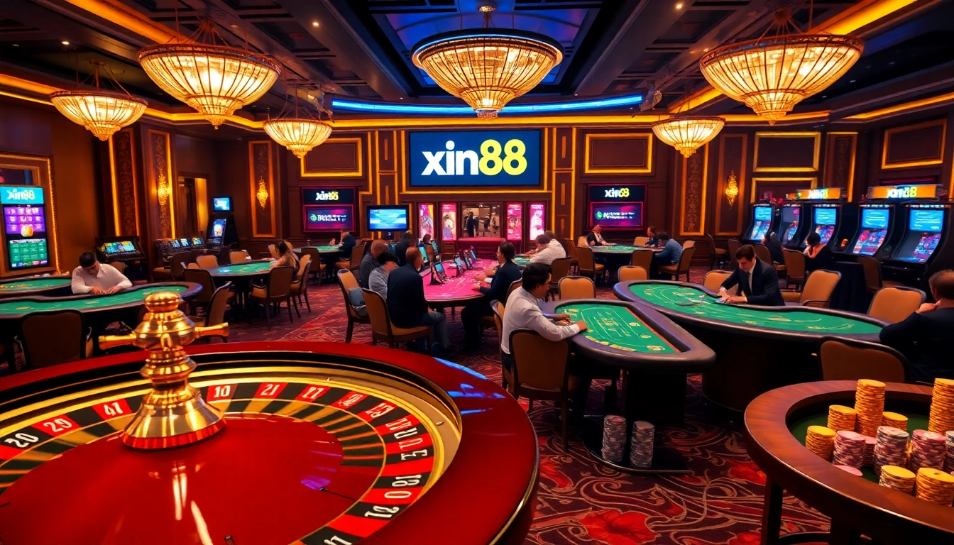 Experience the thrill of xin88 casino gaming with vibrant tables and spinning roulette wheels.