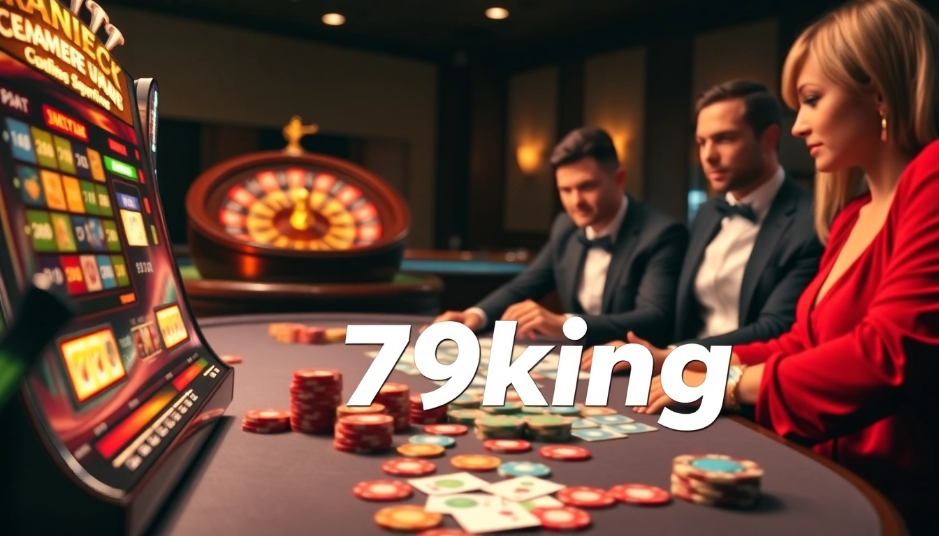 Exciting gambling scene with 79king poker chips and slot machines gleaming under luxurious lights.