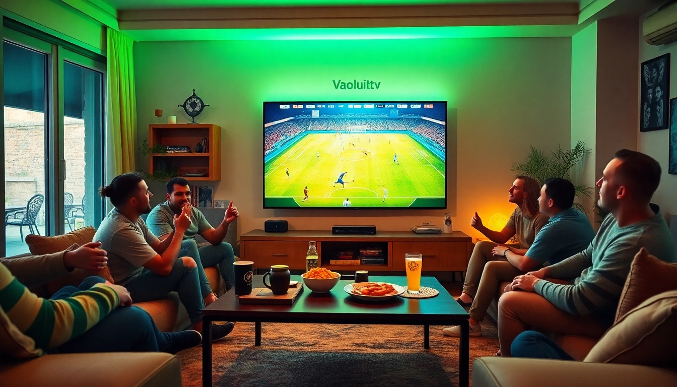 Excited fans enjoying football on Vaoluoitv with a vibrant living room setup.