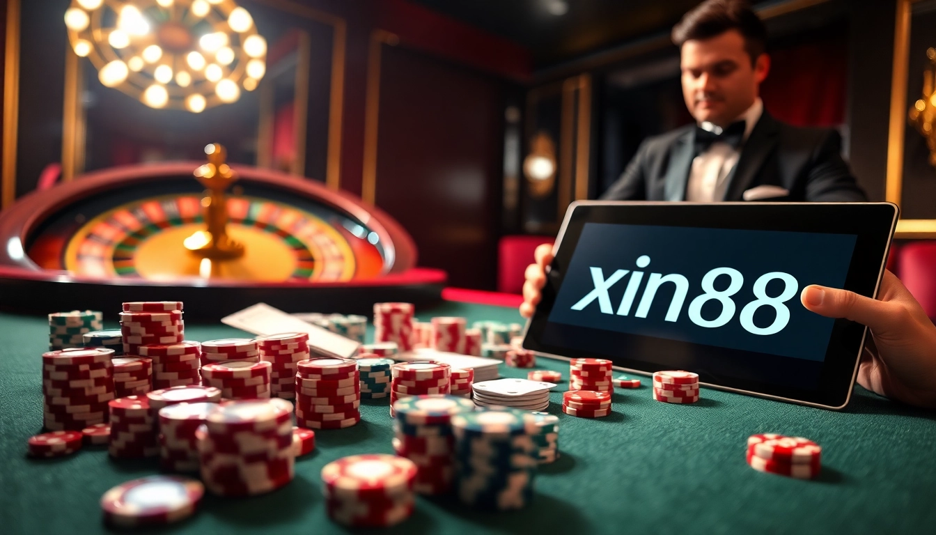 Experience high-stakes action with xin88 at a vibrant casino table filled with chips and cards.