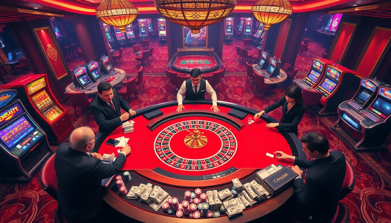 Engage in thrilling gameplay at King88, featuring a vibrant casino scene with roulette and slot machines.