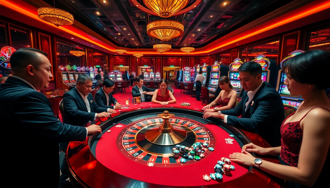 Players enjoying the thrill of siu88 at a vibrant casino with roulette and slot machines.