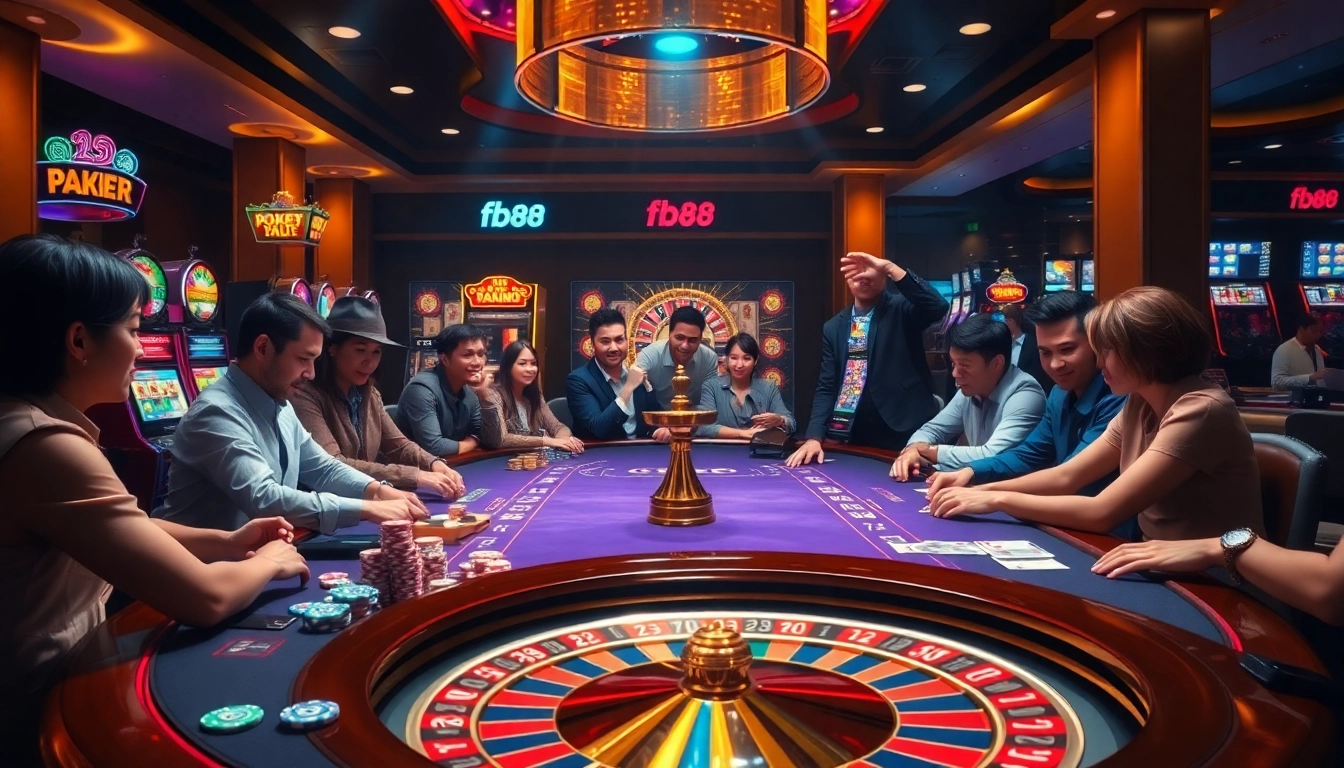 Players enjoying an engaging casino experience at Fb88 with colorful chips and exciting games.