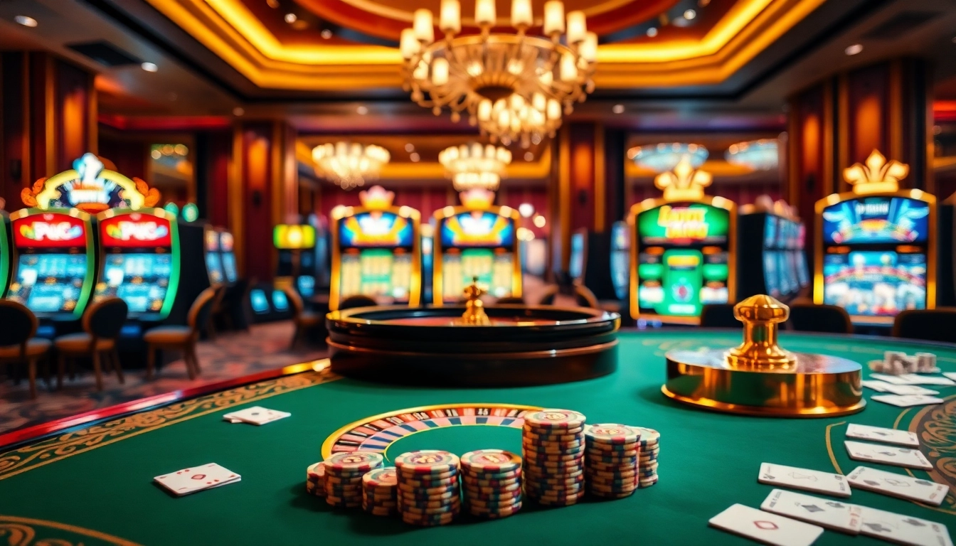 Experience thrilling gaming action in a luxury casino scene featuring kjc xx88 with vibrant tables and slot machines.