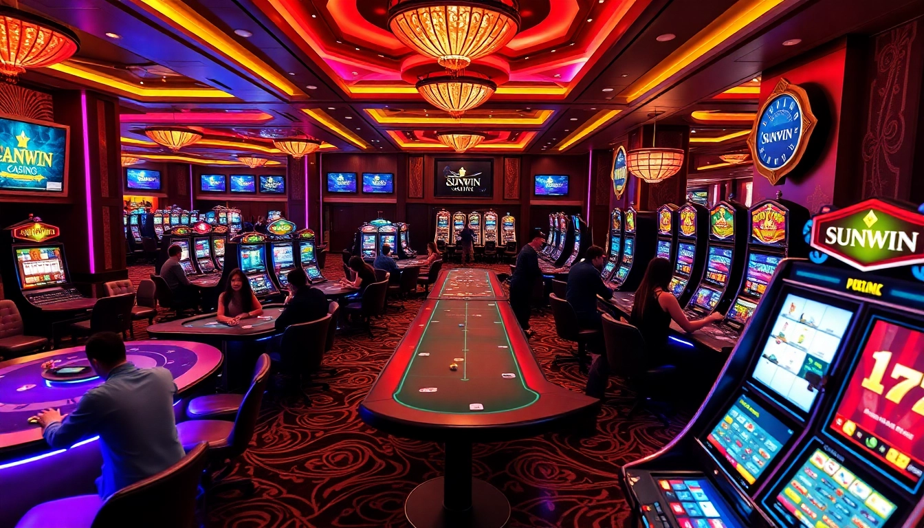 Engage with Sunwin's premium gaming atmosphere featuring lively players and elegant casino decor.