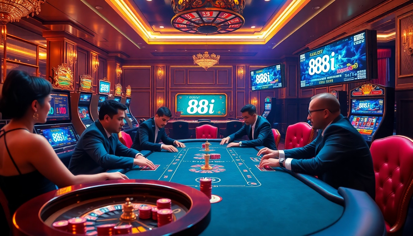 Players enjoying an intense moment at the 88i game poker table in a luxurious casino setting.