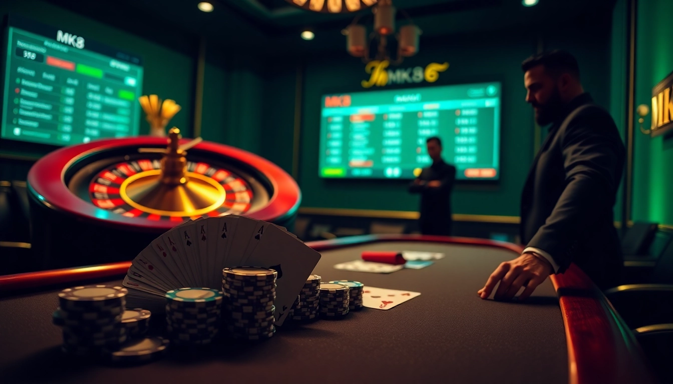 Exciting online gambling atmosphere with MK8 table and roulette wheel in focus.