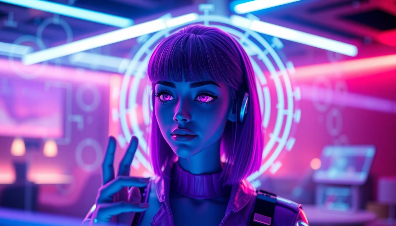 Engaging NSFW character interacting with a customizable AI interface in a futuristic digital lounge.