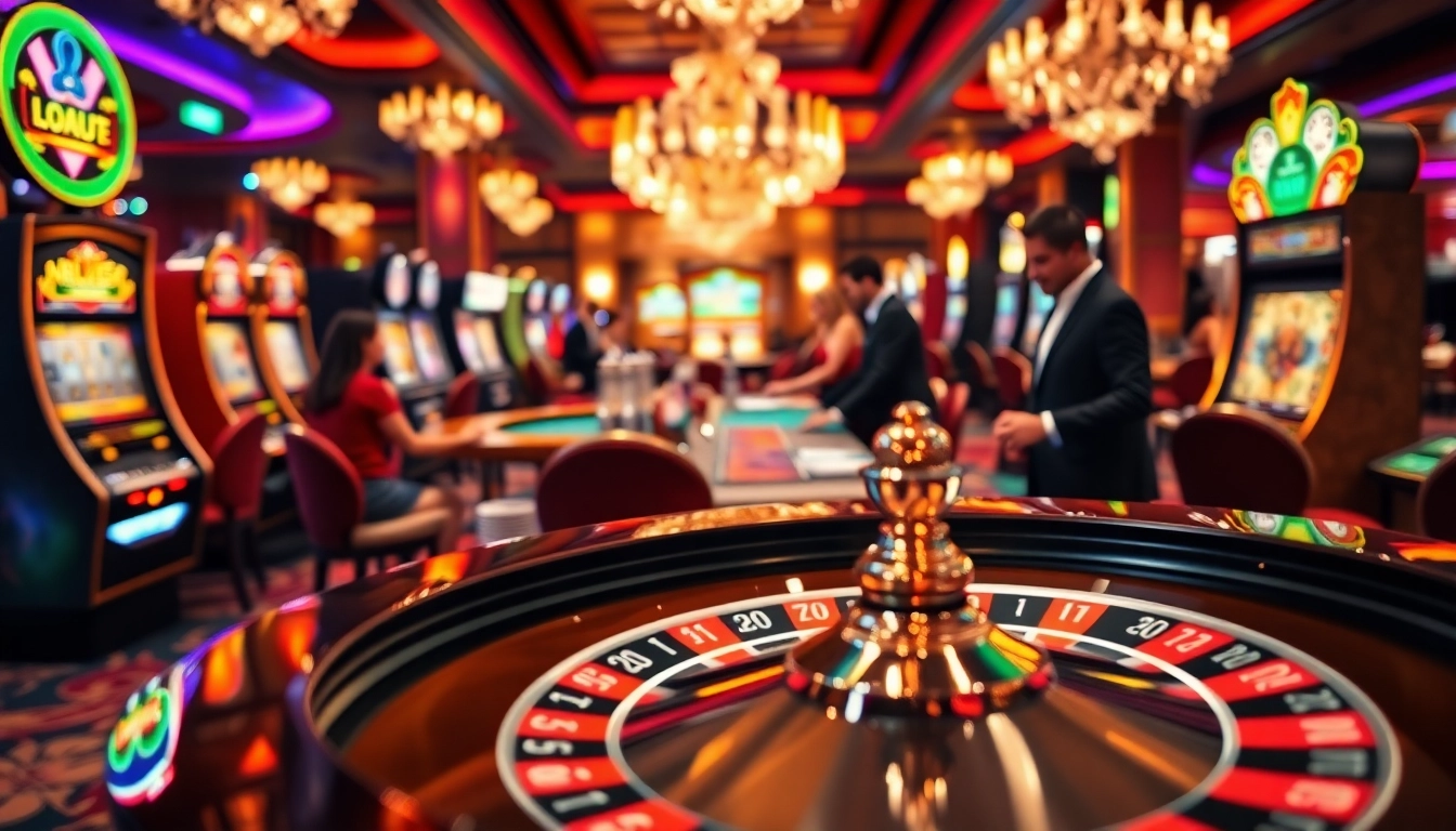 Players enjoy thrilling casino games with KK55 poker chips amidst vibrant lights.