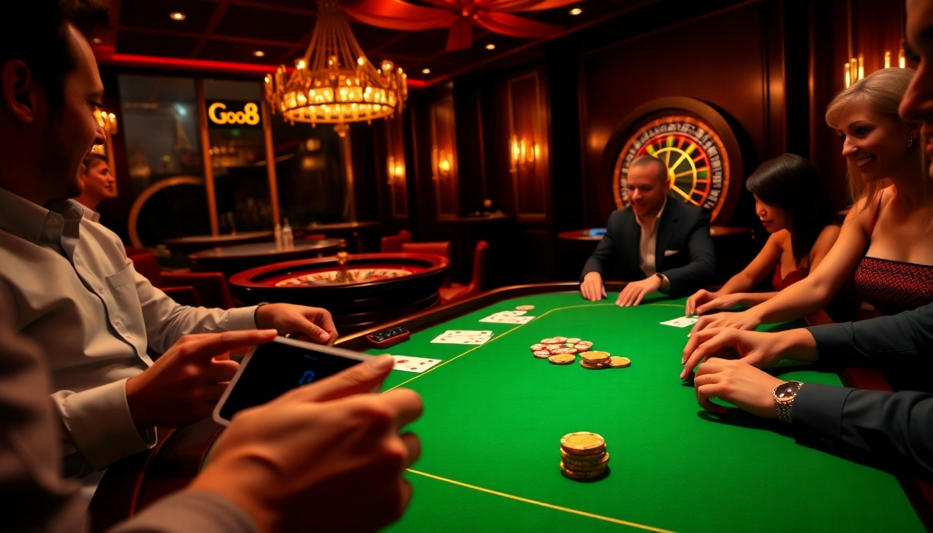 Experience thrilling blackjack at Go8.com with luxury chips and cards at a vibrant casino table.