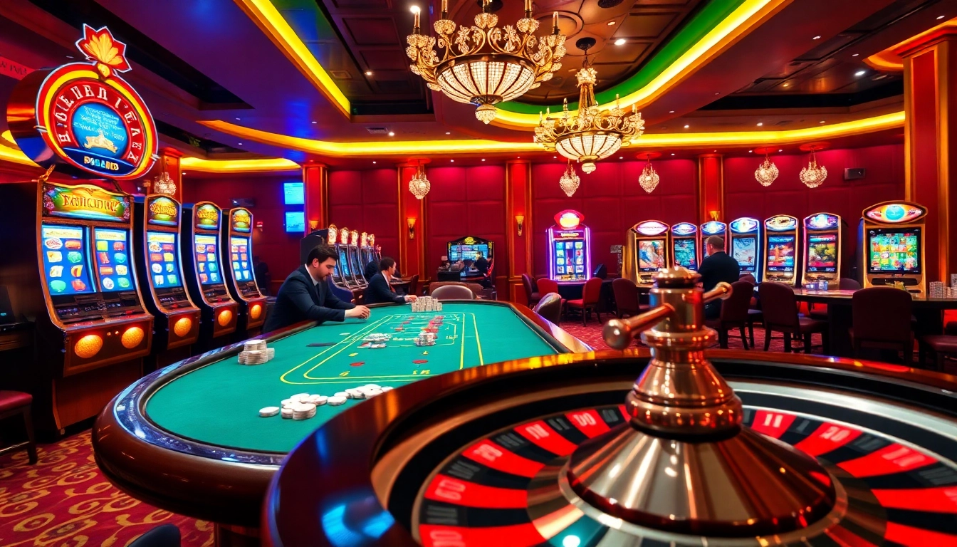 Experience excitement with link sumvip at a vibrant casino filled with poker tables and slot machines.