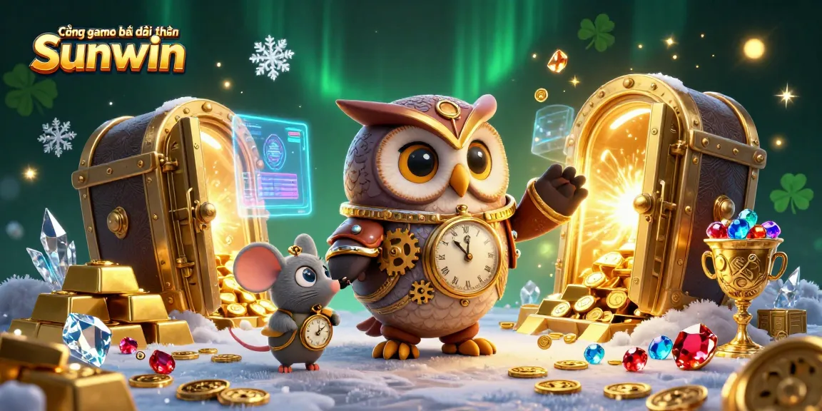 Cổng game bài đổi thưởng Sunwin showcases a whimsical scene with a time-traveling owl and treasure in a casino setting.