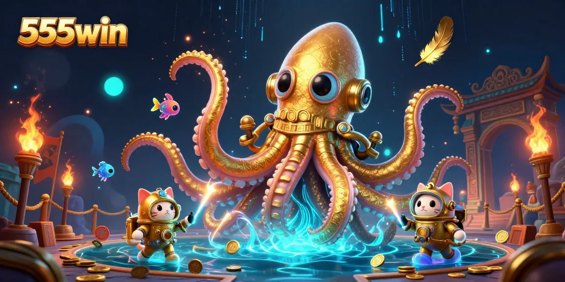 Experience thrilling gameplay at 555win with a vibrant underwater scene featuring a colossal kraken and a diving cat.