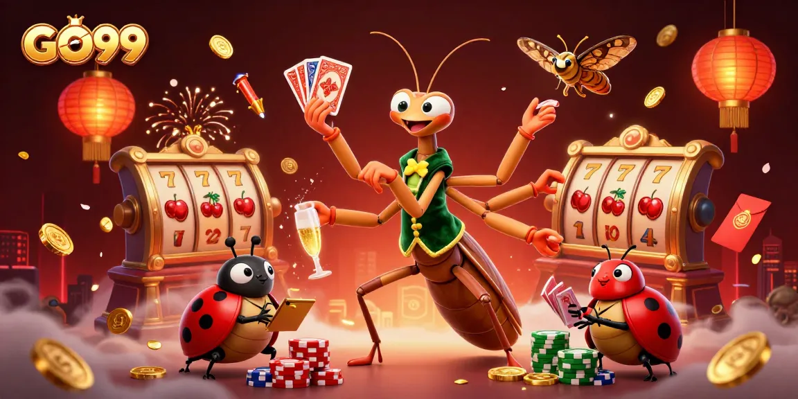 Experience GO99's vibrant casino scene with engaging characters and exciting slot game elements.